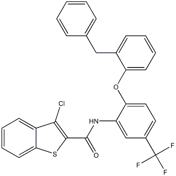 N-[2-(2-benzylphenoxy)-5-(trifluoromethyl)phenyl]-3-chloro-1-benzothiophene-2-carboxamide 结构式