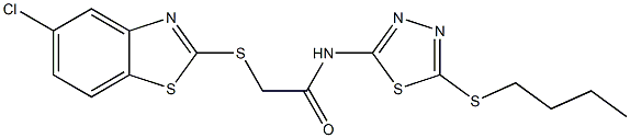 N-(5-butylsulfanyl-1,3,4-thiadiazol-2-yl)-2-[(5-chloro-1,3-benzothiazol-2-yl)sulfanyl]acetamide 结构式