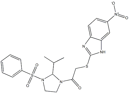 1-[3-(benzenesulfonyl)-2-propan-2-ylimidazolidin-1-yl]-2-[(6-nitro-1H-benzimidazol-2-yl)sulfanyl]ethanone 结构式