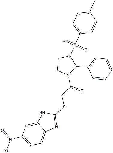 1-[3-(4-methylphenyl)sulfonyl-2-phenylimidazolidin-1-yl]-2-[(6-nitro-1H-benzimidazol-2-yl)sulfanyl]ethanone 结构式