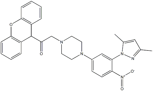 1-[4-[3-(3,5-dimethylpyrazol-1-yl)-4-nitrophenyl]piperazin-1-yl]-2-(9H-xanthen-9-yl)ethanone 结构式