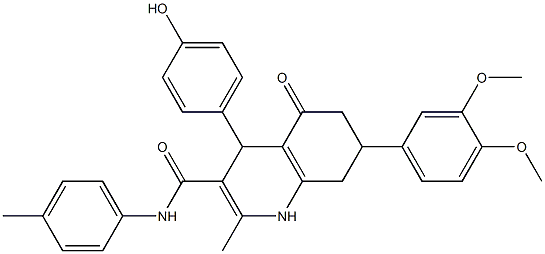 7-(3,4-dimethoxyphenyl)-4-(4-hydroxyphenyl)-2-methyl-N-(4-methylphenyl)-5-oxo-4,6,7,8-tetrahydro-1H-quinoline-3-carboxamide 结构式