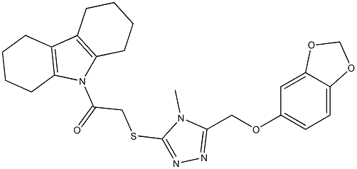 2-[[5-(1,3-benzodioxol-5-yloxymethyl)-4-methyl-1,2,4-triazol-3-yl]sulfanyl]-1-(1,2,3,4,5,6,7,8-octahydrocarbazol-9-yl)ethanone 结构式