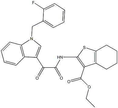 ethyl 2-[[2-[1-[(2-fluorophenyl)methyl]indol-3-yl]-2-oxoacetyl]amino]-4,5,6,7-tetrahydro-1-benzothiophene-3-carboxylate 结构式