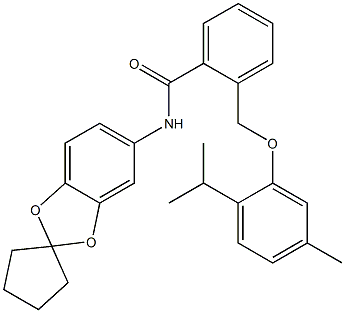 2-[(5-methyl-2-propan-2-ylphenoxy)methyl]-N-spiro[1,3-benzodioxole-2,1'-cyclopentane]-5-ylbenzamide 结构式