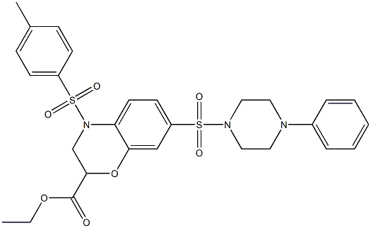 ethyl 4-(4-methylphenyl)sulfonyl-7-(4-phenylpiperazin-1-yl)sulfonyl-2,3-dihydro-1,4-benzoxazine-2-carboxylate 结构式