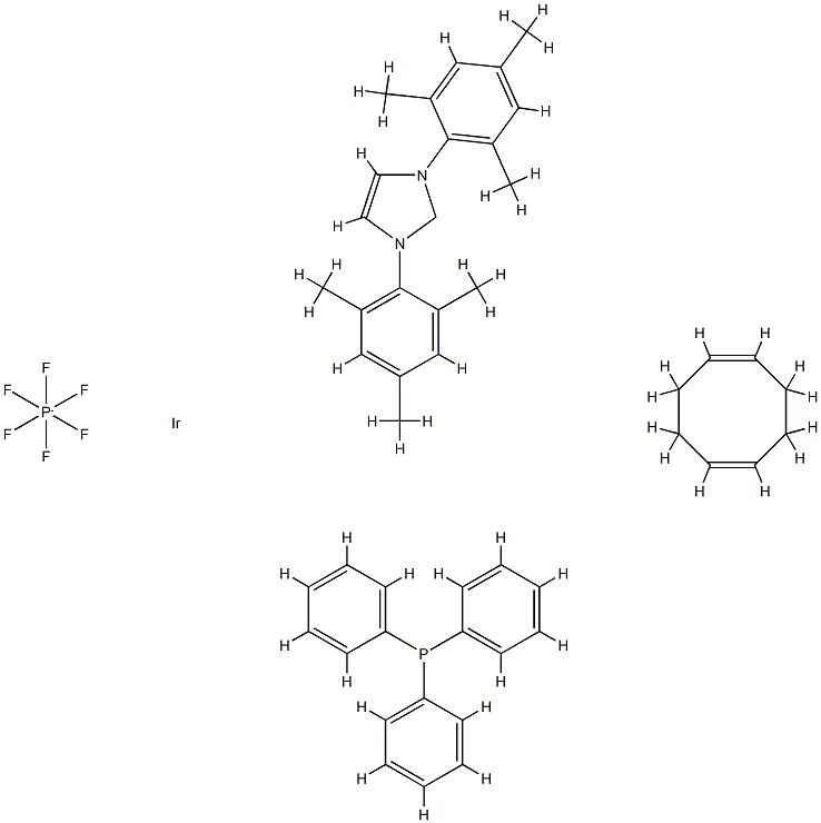 三苯基膦(1,5-环辛二烯)[1,3-双(2,4,6-三甲基苯基)咪唑-2-亚基]铱(I)六氟磷酸盐 结构式