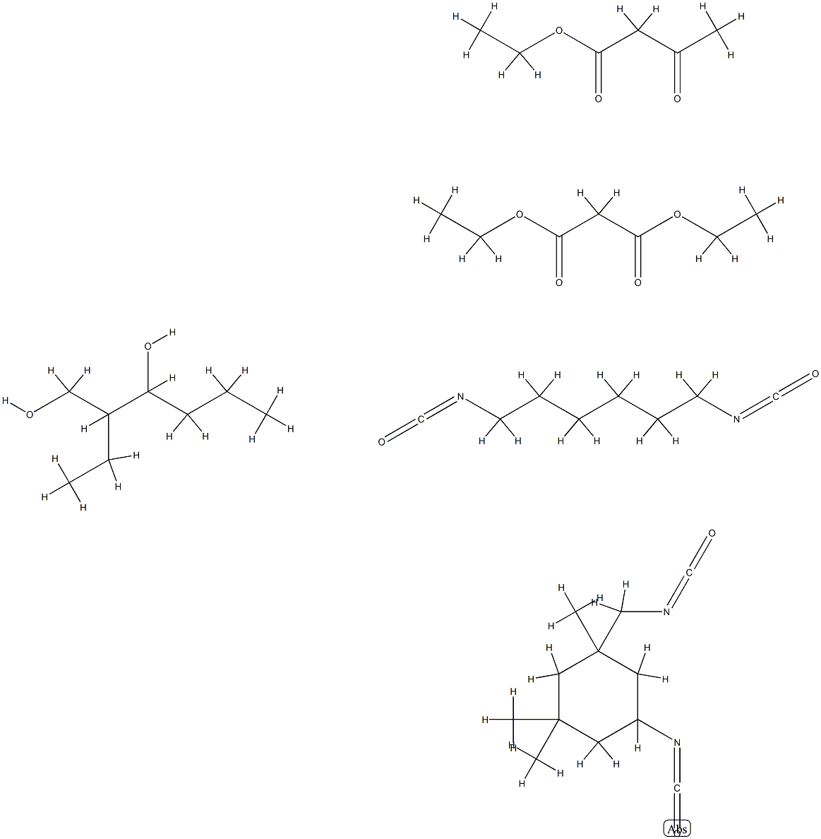 Propanedioic acid, diethyl ester, reaction products with 1,6-diisocyanatohexane homopolymer, ethyl acetoacetate, 2-ethyl-1,3-hexanediol and 5-isocyanato-1-(isocyanatomethyl) -1,3,3-trimethylcyclohexane homopolymer 结构式