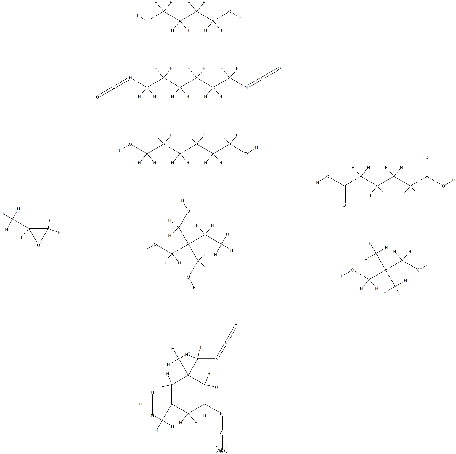 Hexanedioic acid, polymer with 1,4-butanediol, 1,6-diisocyanatohexane, 2,2-dimethyl-1,3-propanediol, 2-ethyl-2-(hydroxymethyl)-1,3-propanediol, 1,6-hexanediol, 5-isocyanato-1-(isocyanatomethyl) -1,3,3-trimethylcyclohexane and methyloxirane 结构式