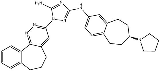 (R)-1-(6,7-Dihydro-5H-benzo[6,7]cyclohepta[1,2-c]pyridazin-3-yl)-N3-(7-(pyrrolidin-1-yl)-6,7,8,9-tetrahydro-5H-benzo[7]annulen-2-yl)-1H-1,2,4-triazole-3,5-diamine 结构式