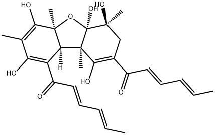 [1,1'-(4a,5a,6,7,9a,9b-Hexahydro-2,4,5a,6,9-pentahydroxy-3,4a,6,9a-tetramethyl-1,8-dibenzofurandiyl)bis(2,4-hexadien-1-one)] 结构式