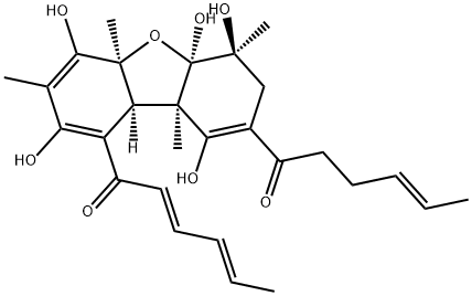 2',3'-Dihydro-[1,1'-(4a,5a,6,7,9a,9b-hexahydro-2,4,5a,6,9-pentahydroxy-3,4a,6,9a-tetramethyl-1,8-dibenzofurandiyl)bis(2,4-hexadien-1-one)] 结构式