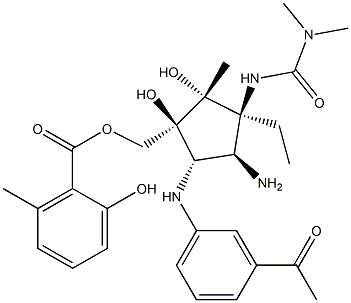 2-Hydroxy-6-methylbenzoic acid [(1S)-5α-[(3-acetylphenyl)amino]-4β-amino-3β-[[(dimethylamino)carbonyl]amino]-3α-ethyl-1β,2α-dihydroxy-2β-methylcyclopentyl]methyl ester 结构式