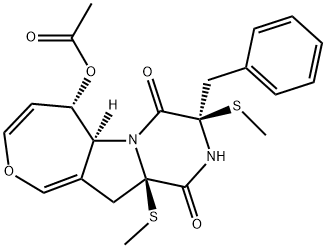 [3R,(-)]-6β-Acetyloxy-2,3,5aβ,6,11,11a-hexahydro-3α,11aα-bis(methylthio)-3-benzyloxepino[3',4':4,5]pyrrolo[1,2-a]pyrazine-1,4-dione 结构式