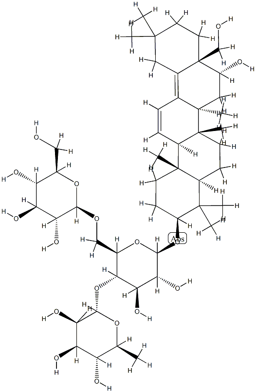 b-D-Glucopyranoside, (3b,16a)-16,28-dihydroxyoleana-11,13(18)-dien-3-yl O-6-deoxy-a-L-mannopyranosyl-(1(R)4)-O-[b-D-glucopyranosyl-(1(R)6)]- (9CI) 结构式