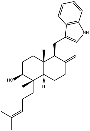 (1S,8aα)-Decahydro-5β-(1H-indol-3-ylmethyl)-1β,4aβ-dimethyl-6-methylene-1-(4-methyl-3-pentenyl)naphthalen-2β-ol 结构式