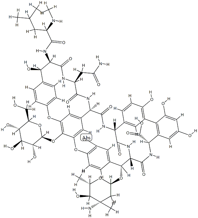 22-O-(3-Amino-2,3,6-trideoxy-3-C-methyl-α-L-arabino-hexopyranosyl)-2'-O-de(3-amino-2,3,6-trideoxy-3-C-methyl-α-L-lyxo-hexopyranosyl)-10-dechlorovancomycin 结构式