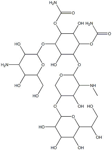 [2-[4-amino-3,5-dihydroxy-6-(hydroxymethyl)oxan-2-yl]oxy-5-carbamoylox y-4-[5-[6-(1,2-dihydroxyethyl)-3,4,5-trihydroxy-oxan-2-yl]oxy-4-hydrox y-3-methylamino-oxan-2-yl]oxy-3,6-dihydroxy-cyclohexyl] carbamate 结构式