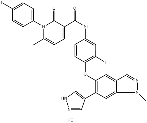 N-[3-氟-4-[[1-甲基-6-(1H-吡唑-4-基)-1H-吲唑-5-基]氧基]苯基]-1-(4-氟苯基)-1,2-二氢-6-甲基-2-氧代-3-吡啶甲酰胺二盐酸盐 结构式