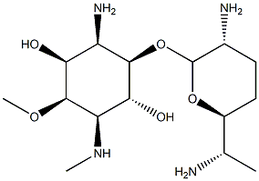 6-Amino-3,6-dideoxy-5-O-(2,6-diamino-2,3,4,6,7-pentadeoxy-β-L-lyxo-heptopyranosyl)-2-O-methyl-3-(methylamino)-D-myo-inositol 结构式