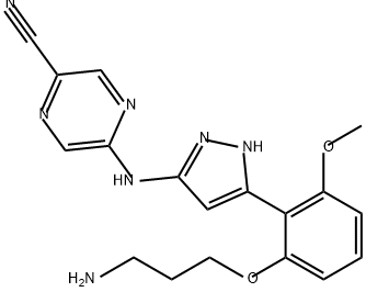 5-[[5-[2-(3-氨基丙氧基)-6-甲氧基苯基]-1H-吡唑-3-基]氨基]-2-吡嗪甲腈 结构式