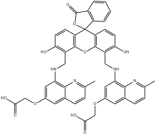 2-{4,5-BIS[(6-(2-ETHOXY-2-OXOHYDROXY)-2-METHYLQUINOLIN-8-YLAMINO)METHYL]-6-HYDOXY-3-OXO-3H-XANTHEN-9-YL}BENZOICACIDFL2A 结构式