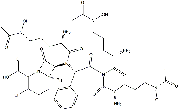 7-((N(5)-acetyl-N(5)-hydroxyornithyl-N(5)-acetyl-N(5)-hydroxyornithyl-N(5)-acetyl-N(5)-hydroxyornithyl-phenylglycyl)amino)-1-carba-3-chloro-3-cephem-4-carboxylic acid 结构式