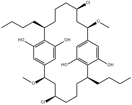 (2R,4R,8S,13R,15R,19S)-8,19-Dibutyl-4,15-dichloro-2,13-dimethoxytricyclo[18.2.2.29,12]hexacosa-9,11,20,22(1),23,25-hexene-10,21,24,26-tetrol 结构式