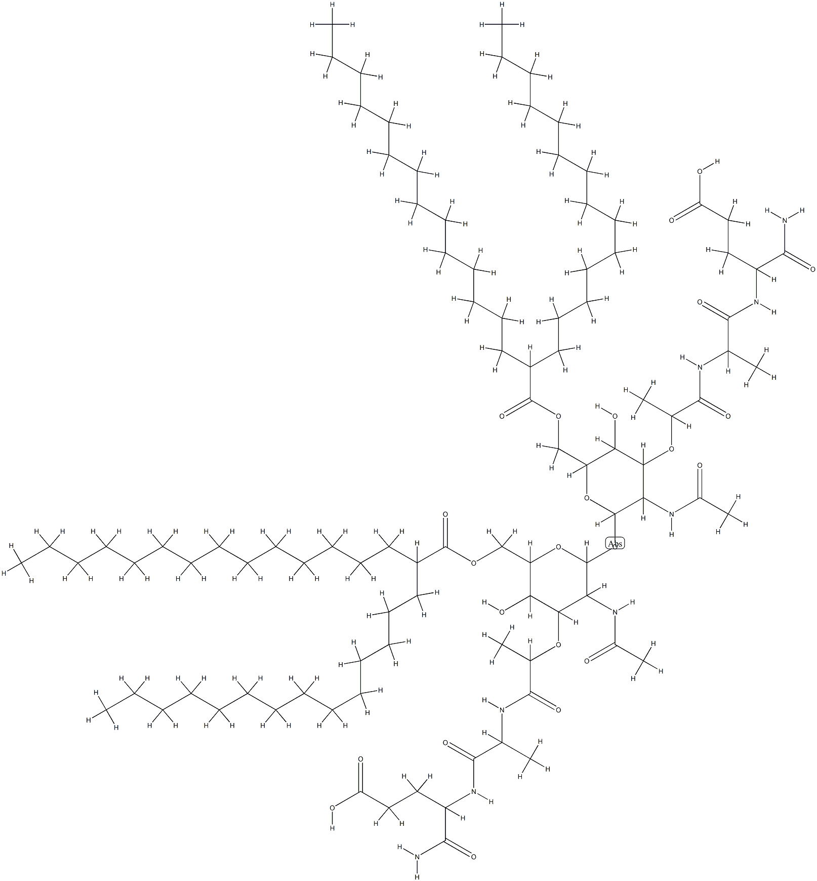 2,2'-O-(2,2'-diacetamido-2,3,2',3'-tetradeoxy-6,6'-di-O-(2-tetradecylhexadecanoyl)-alpha,alpha'-trehalose-3,3'-diyl)bis(N-lactoyl-alanyl-isoglutamine) 结构式