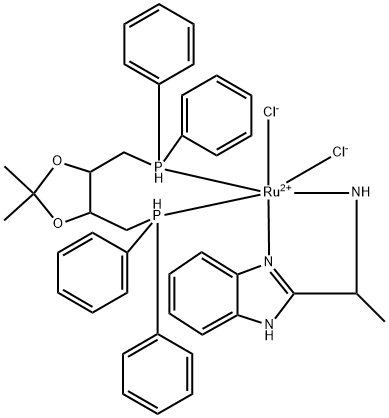 二氯[(4R,5R)-(-)-4,5-双(二苯基膦基)-2,2-二甲基-1,3-二氧戊环][(R)-(+)-2-(Α-甲基甲酰胺)-1H-苯并咪唑]钌(II) 结构式