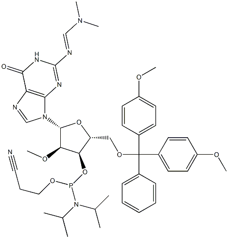 5'-O-[二(4-甲氧基苯基)苯基甲基]-N-[(二甲基氨基)亚甲基]-2'-O-甲基鸟苷 3'-[2-氰基乙基二异丙基氨基膦酸酯] 结构式