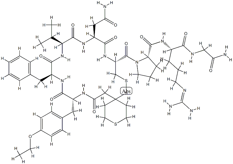(2S)-1-[(10R,13S,16S,19S,22R)-19-benzyl-13-(carbamoylmethyl)-22-[(4-et hoxyphenyl)methyl]-12,15,18,21,24-pentaoxo-16-propan-2-yl-3,7,8-trithi a-11,14,17,20,23-pentazaspiro[5.19]pentacosane-10-carbonyl]-N-[(1S)-1- (carbamoylmethylcarbamoyl)-4-(diaminomethylideneamino)butyl]pyrrolidin e-2-carboxamide 结构式