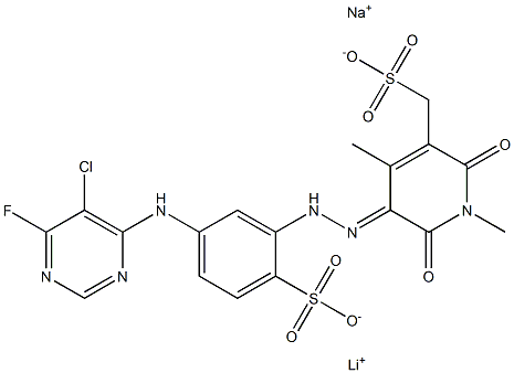 sodium (1.0-1.95)/lithium (0.05-1) 5-((5-((5-chloro-6-fluoro-pyrimidin-4-yl)amino)-2-sulfonatophenyl)azo)-1,2-dihydro-6-hydroxy-1,4-dimethyl-2-oxo-3-pyridinemethylsulfonate 结构式