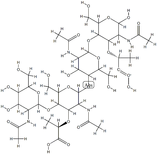 O-2-(AcetylaMino)-2-deoxy-β-D-glucopyranosyl-(1→4)-O-(N-acetyl- β-MuraMosyl)-(1→4)-O-2-(acetylaMino)-2-deoxy-β-D-glucopyranosyl-(1→4)-N-acetylMuraMic Acid 结构式