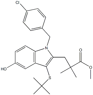 1H-Indole-2-propanoic acid, 1-[(4-chlorophenyl)Methyl]-3-[(1,1-diMethylethyl)thio]-5-hydroxy-α,α-diMethyl-, Methyl ester 结构式