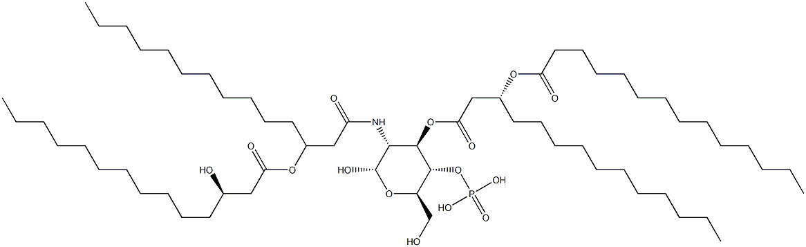 2-Deoxy-2-[(R)-3-[(R)-3-hydroxytetradecanoyloxy]tetradecanoylamino]-3-O-[(R)-3-(tetradecanoyloxy)tetradecanoyl]-α-D-glucopyranose 4-phosphoric acid 结构式
