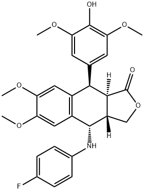 Naphtho[2,3-c]furan-1(3H)-one, 4-[(4-fluorophenyl)amino]-3a,4,9,9a-tet rahydro-9-(4-hydroxy-3,5-dimethoxyphenyl)-6,7-dimethoxy-, [3aS-(3a.alp ha.,4.beta.,9.alpha.,9a.beta.)]- 结构式