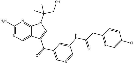 N-[5-[2-AMINO-7-(1-HYDROXY-2-METHYLPROPAN-2-YL)PYRROLO[2,3-D]PYRIMIDINE-5-CARBONYL]PYRIDIN-3-YL]-2-(5-CHLOROPYRIDIN-2-YL)ACETAMIDE 结构式