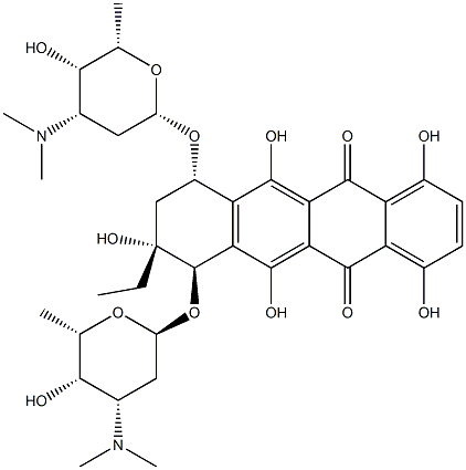 (7R)-8-Ethyl-7,8,9,10-tetrahydro-1,4,6,8α,11-pentahydroxy-7β,10α-bis[[2,3,6-trideoxy-3-(dimethylamino)-α-L-lyxo-hexopyranosyl]oxy]-5,12-naphthacenedione 结构式