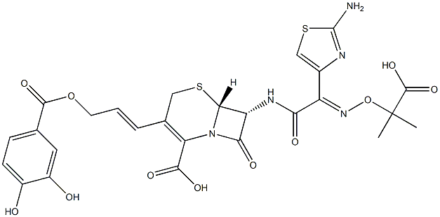 7-(2-(2-aminothiazol-4-yl)- 2-(1-carboxyl-1-methylethoxyimino)acetamido)-3-(3-(3,4-dihydroxybenzoyloxy)-1-propen-1-yl)-3-cephem-4-carboxylic acid 结构式