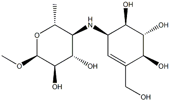 alpha-D-Glucopyranoside, methyl 4,6-dideoxy-4-((4,5,6-trihydroxy-3-(hy droxymethyl)-2-cyclohexen-1-yl)amino)-, (1R-(1alpha,4alpha,5beta,6alph a))- 结构式