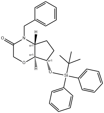 (4AS,7R,7AR)-4-苯甲基-7-((叔-丁基二苯基甲硅烷基)氧代)六氢环戊二烯并[B][1,4]噁嗪-3(2H)-酮 结构式