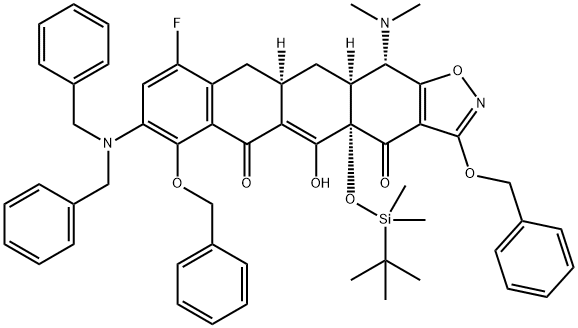 (4AS,11AR,12AS,13S)-3,7-BIS(BENZYLOXY)-4A-((TERT-BUTYLDIMETHYLSILYL)OXY)-8-(DIBENZYLAMINO)-13-(DIMETHYLAMINO)-10-FLUORO-5-HYDROXY-11A,12,12A,13-TETRAHYDROTETRACENO[2,3-D]ISOXAZOLE-4,6(4AH,11H)-DIONE 结构式