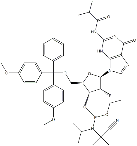 5'-O-[二(4-甲氧基苯基)苯基甲基]-2'-脱氧-2'-氟-N-(2-甲基-1-氧代丙基)鸟苷 3'-[2-氰基乙基 N,N-二异丙基氨基亚磷酸酯] 结构式