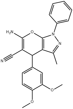 6-amino-4-(3,4-dimethoxyphenyl)-3-methyl-1-phenyl-1,4-dihydropyrano[2,3-c]pyrazole-5-carbonitrile 结构式