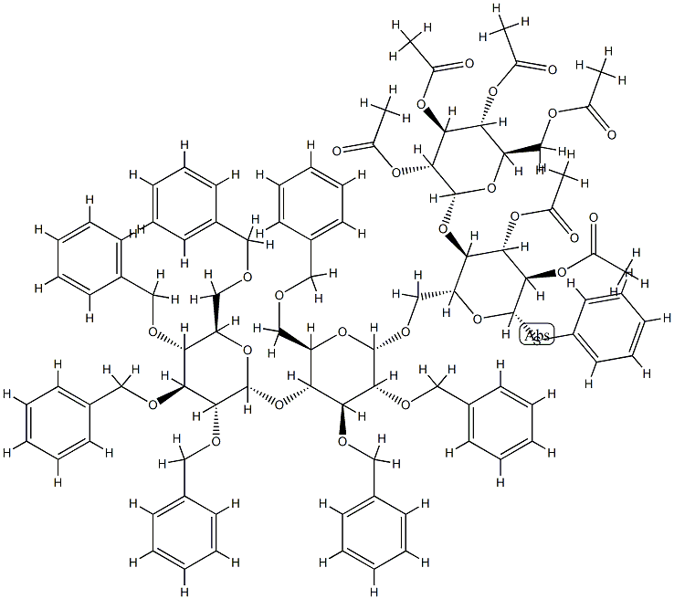 phenyl O-(2,3,4,6-tetra-O-benzyl-glucopyranosyl)-1-4-O-(2,3,6-tri-O-benzylglucopyranosyl)-1-6-O-(2,3,4,6-tetra-O-acetylglucopyranosyl)-1-4-2,3-di-O-acetyl-1-thioglucopyranoside 结构式