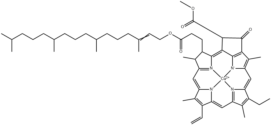 [SP-4-2-[3S-[3*(2E,7S*,11S*),4Β,21Β]]]-[3,7,11,15-四甲基-2-十六烯基-9-乙烯基-14-乙基-21-(甲氧羰基)-4,8,13,18-四甲基-20-氧代-3-脱镁叶绿素丙酸根(2-)-N23,N24,N25,N26]合铜 结构式