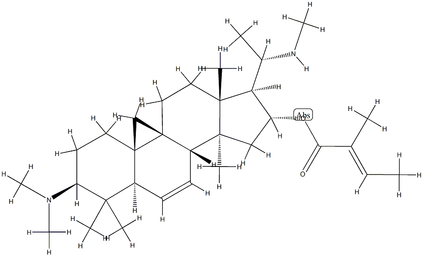 (20S)-4,4,14-Trimethyl-20-(methylamino)-3β-(dimethylamino)-9β,19-cyclo-5α-pregnan-6-en-16α-ol (E)-2-methyl-2-butenoate 结构式