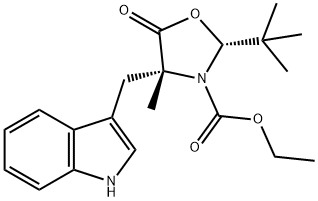 (2R,4R)-2-(tert-Butyl)-3-(ethoxycarbonyl)-4-(indol-3-yl-Methyl]-4-Methyl-1,3-oxazolidin-5-one 结构式