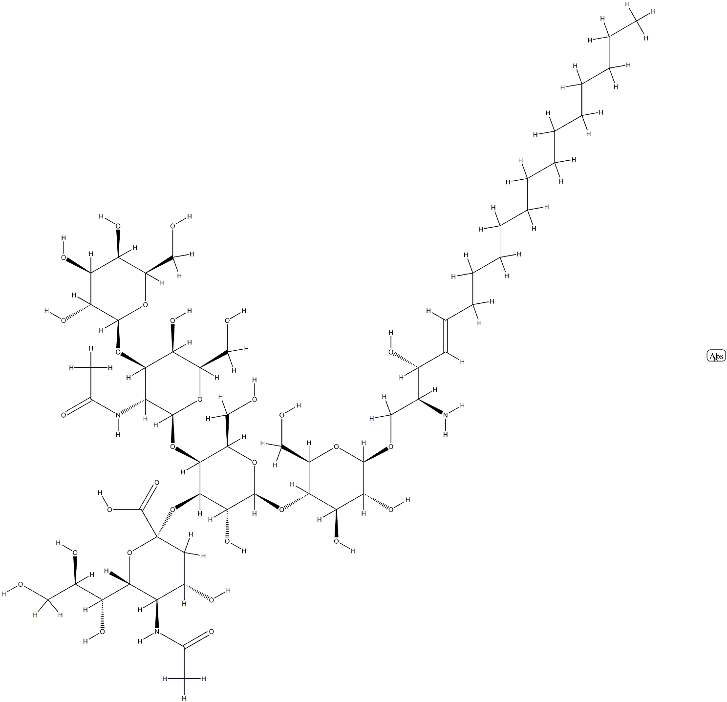 (2S,3R,4E)-2-氨基-3-羟基-4-十八碳烯基 O-(N-乙酰基-ALPHA-神经胺酸基)-(2-3)-O-[O-BETA-D-吡喃半乳糖基-(1-3)-2-(乙酰氨基)-2-脱氧-BETA-D-吡喃半乳糖基-(1-4)]-O-BETA-D-吡喃半乳糖基-(1-4)-BETA-D-吡喃葡萄糖苷单钾盐 结构式